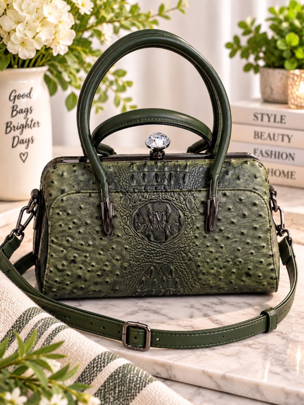 M LAMSED Green Ostrich Texture Shoulder Crossbody Bag Diamond Clasp